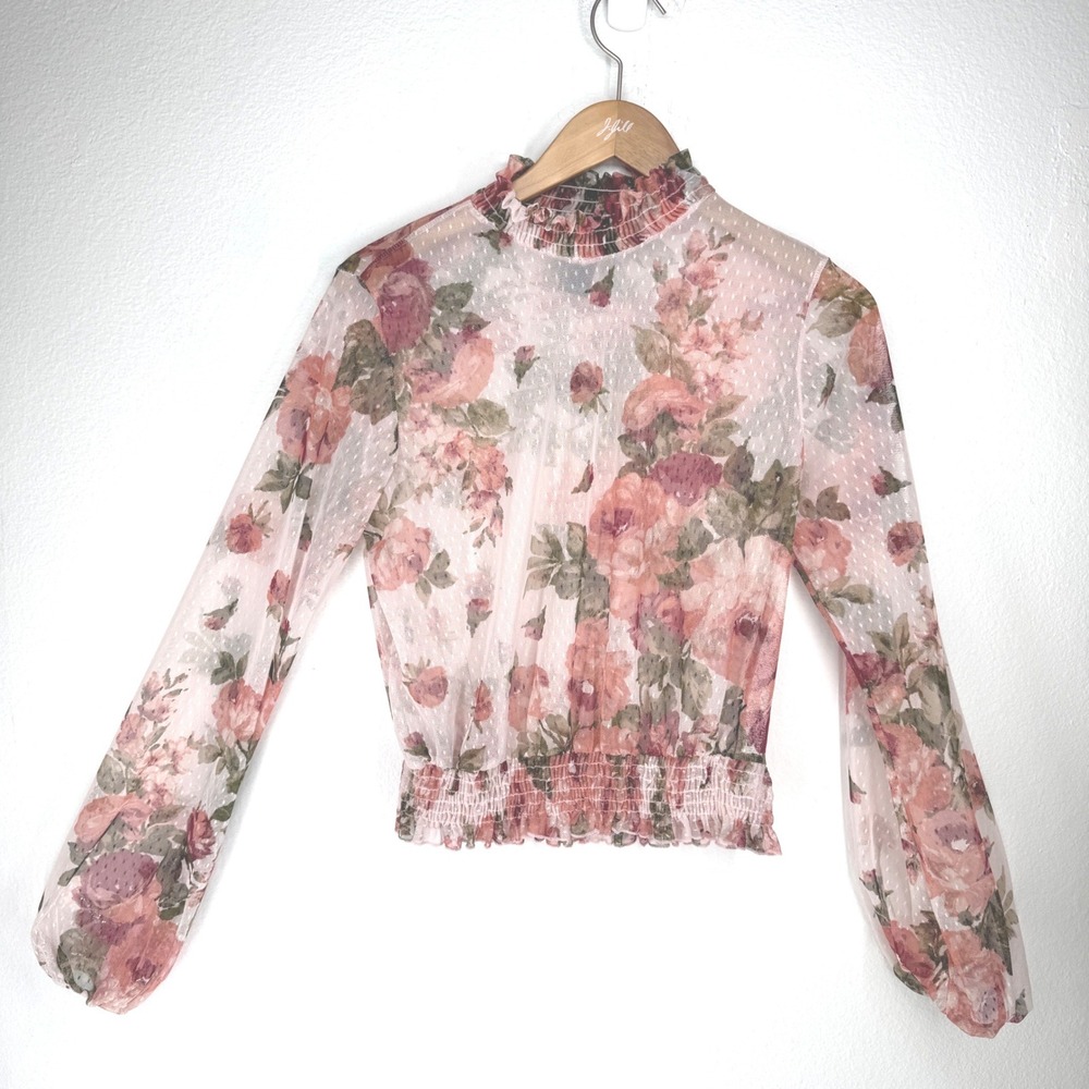 Sheer Mesh Floral Top Women Medium Pink Regency Victorian High Neck Boho Smoced‎
